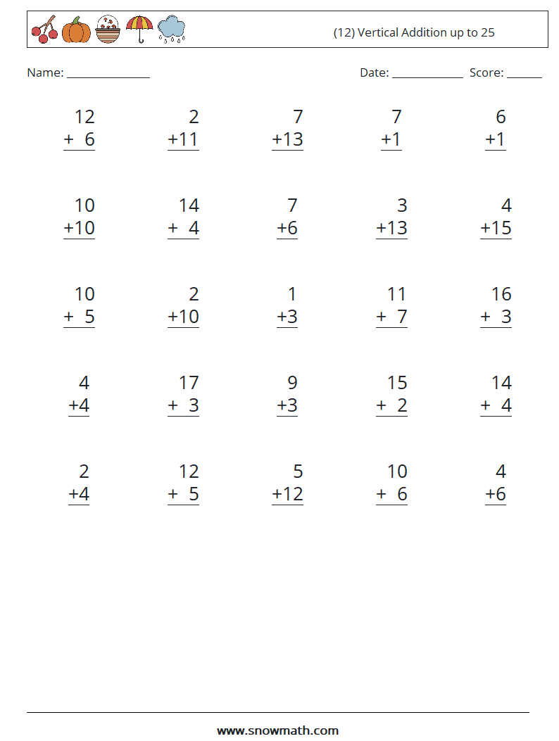 12) vertical addition up to 25 Math Worksheets, Math Practice for ...