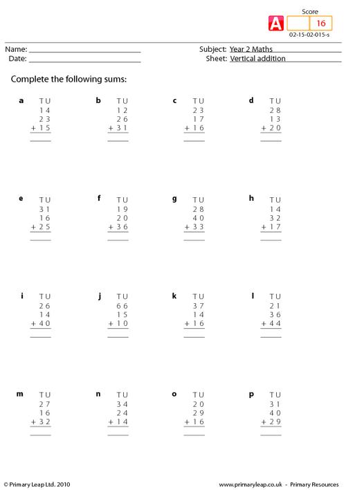 Numeracy: Vertical addition | Worksheet | PrimaryLeap.co.uk
