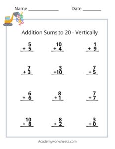 Vertical Addition - Sums to 20 - Academy Worksheets addition ...