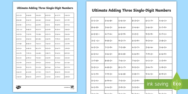 Single Digit Addition | Adding 3 Single Digits Worksheet