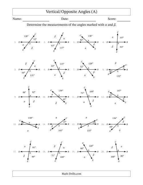 Vertical/Opposite Angle Relationships (A)