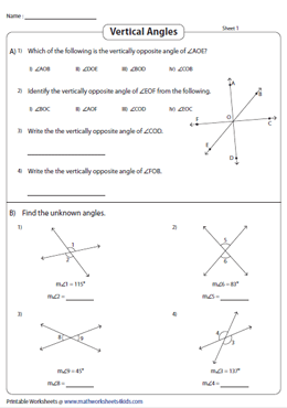 Vertical Angles Worksheets