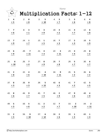 Vertical Version of Tables Worksheets