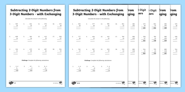 Column Subtraction - 2 Digit Numbers from 3 Digit Numbers