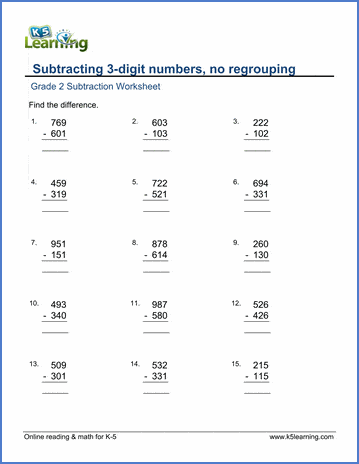Grade 2 Math Worksheets: Subtract 3-digit numbers , no borrowing ...