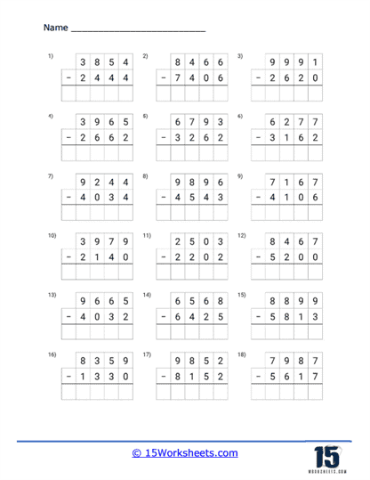 vertical subtraction worksheet no