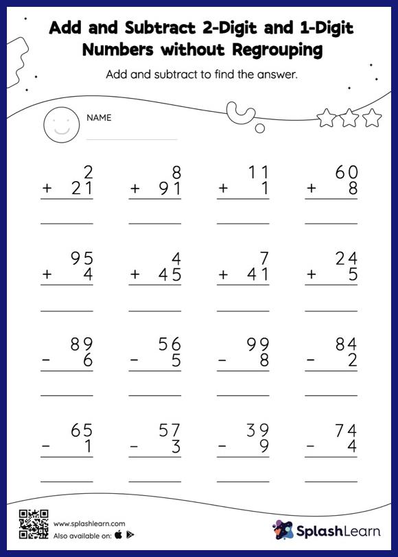 Add and Subtract 2-Digit and 1-Digit Numbers without Regrouping ...