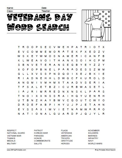 Veterans Day Word Search - Free Printable