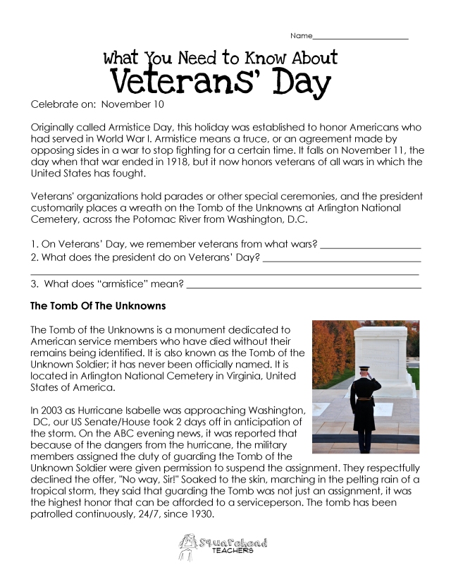 Veterans Day Worksheet UPDATED | Squarehead Teachers