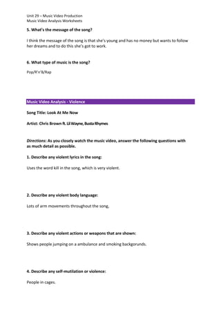 video analysis worksheet