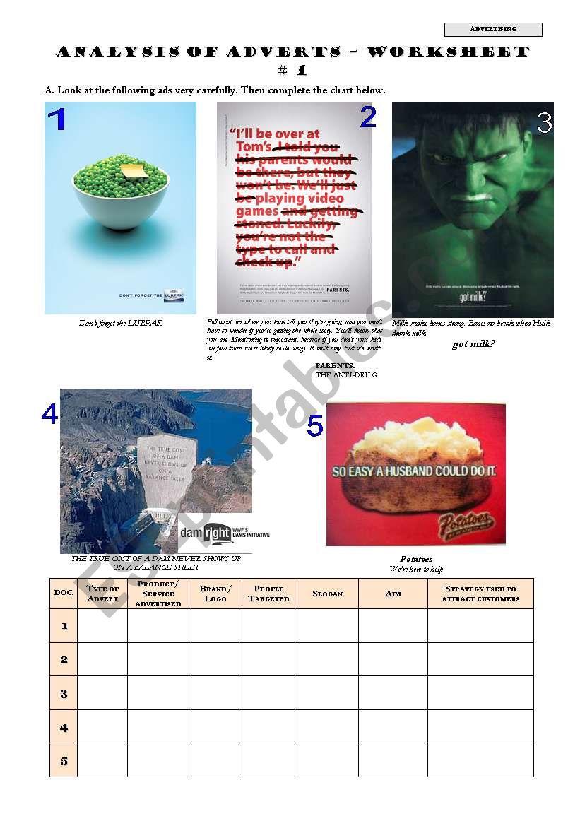 ANALYSIS OF ADVERTS - Worksheet # 1 - ESL worksheet by pmca