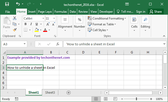 MS Excel 2016: Unhide a sheet