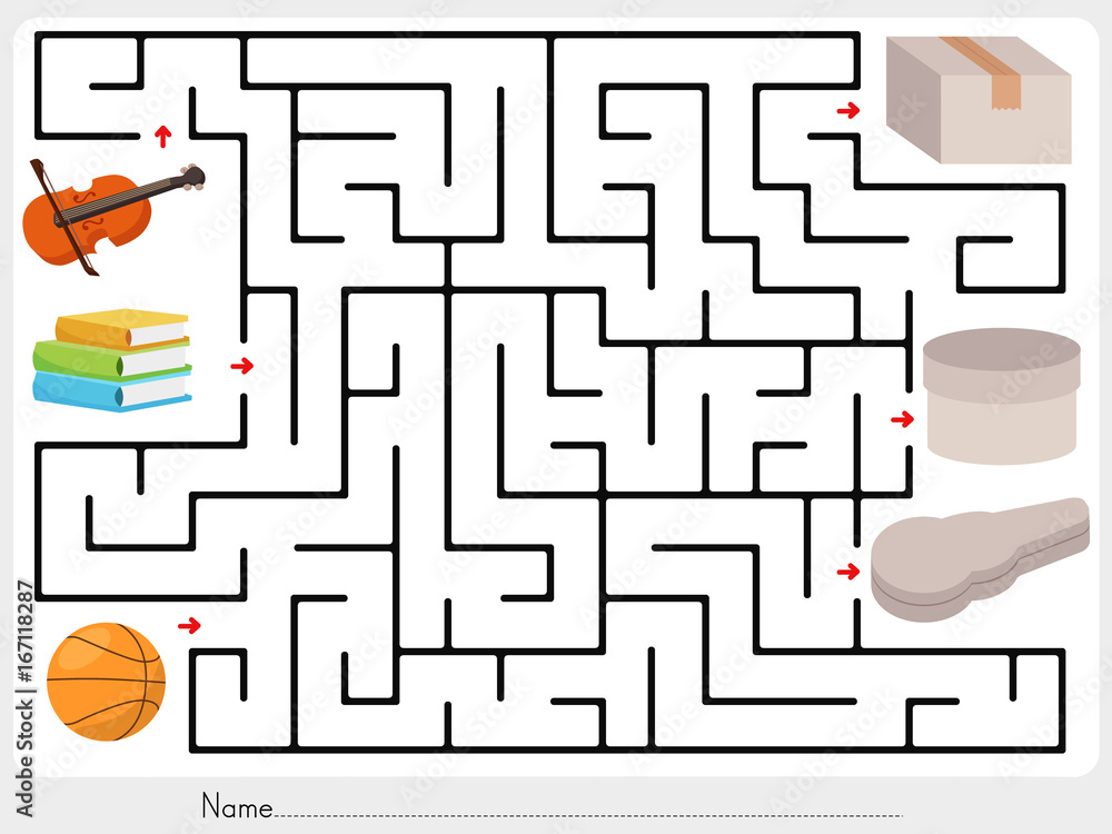 Maze game: Pick violin, books and ball to box - worksheet for ...