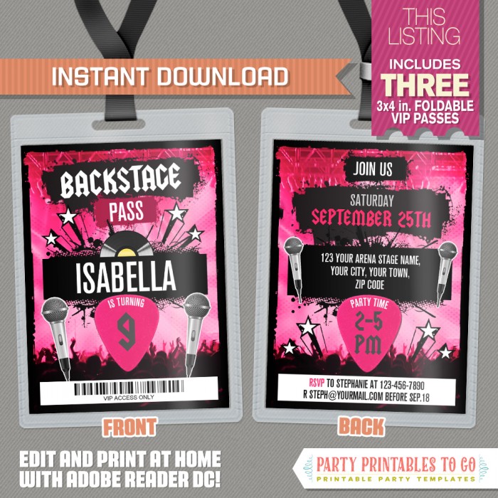 Rockstar Birthday Party VIP Pass Invitations (Pink) - Front and Back