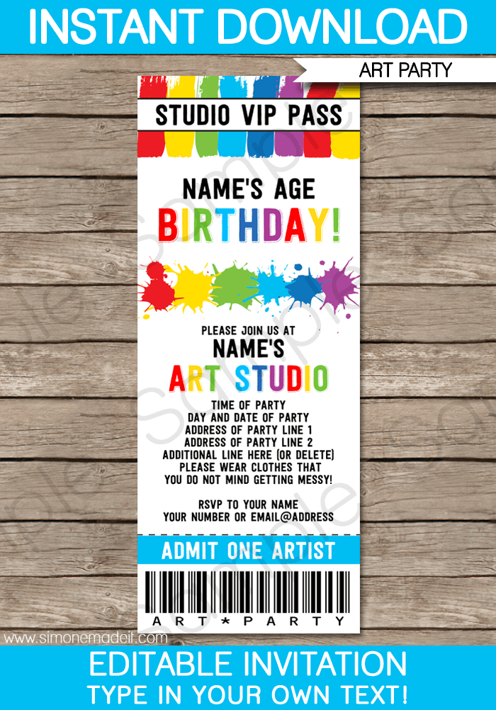 Art Party Ticket Invitations Template