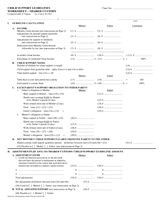 virginia child support guidelines worksheet