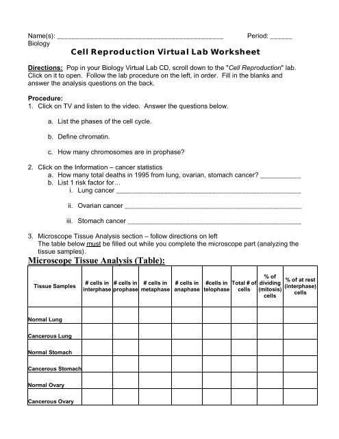 Cell Homeostasis Virtual Lab Student Copy - A B C D E Name: Date ...
