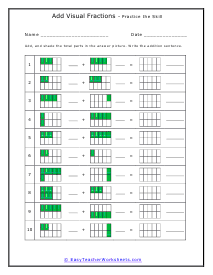 Addition of Visual Fractions Worksheets
