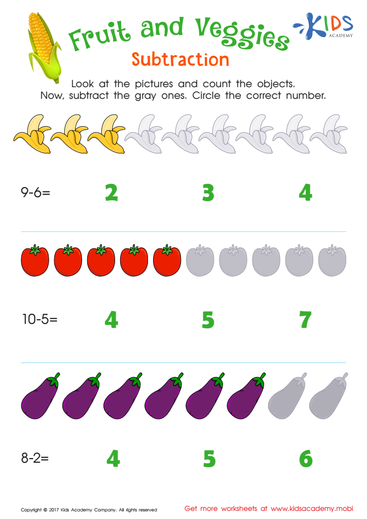 Fruit and Veggies Subtraction Worksheet: Free Printout for Children