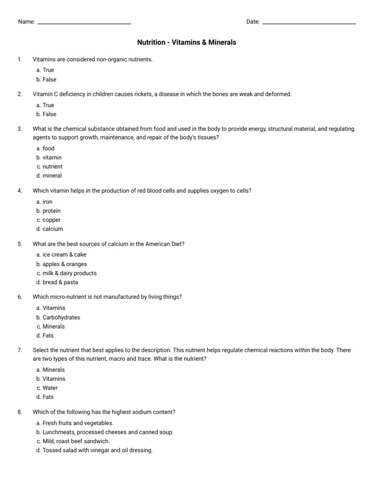 Nutrition Vitamins & Minerals (Grade 10) Free Printable Tests Worksheets Library
