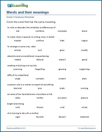 vocabulary 5th grade worksheet