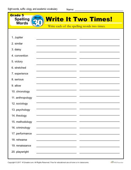 Fifth Grade Spelling Words List - Week 30 | K12Reader