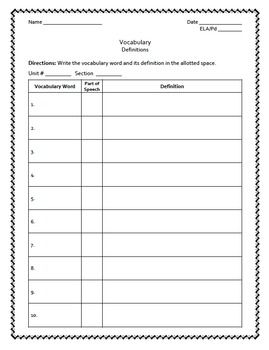 vocabulary definition worksheet