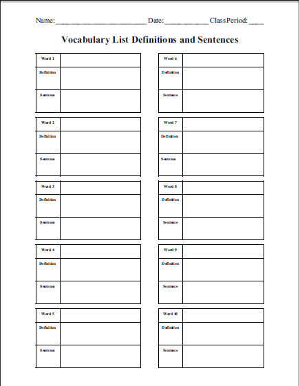 Blank Vocabulary Terms Sheet | Student Handouts