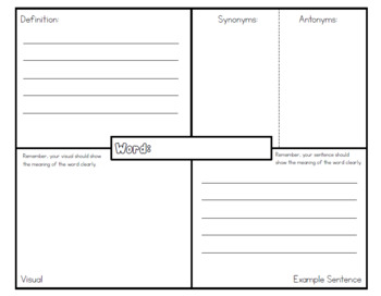 Vocabulary Worksheet: Visual, Definition, Example Sentence, Synonym, Antonym