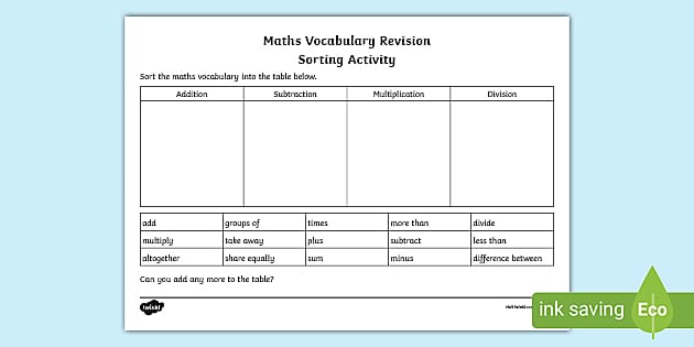 Maths Vocabulary Revision Sorting Worksheet / Worksheet