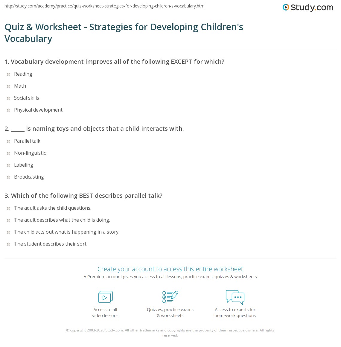 Quiz &  Worksheet - Strategies for Developing Childrens Vocabulary ...