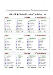 English worksheets: 4th Grade National Vocabulary List