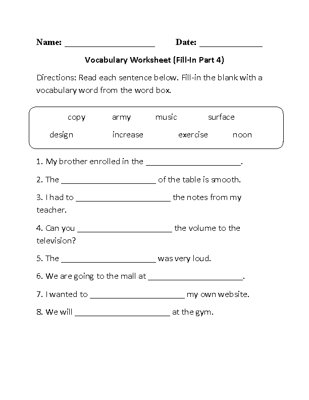 vocabulary worksheet 4th grade