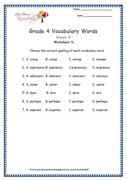 vocabulary worksheet 4th grade