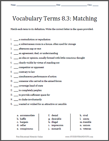 vocabulary worksheet 8th grade