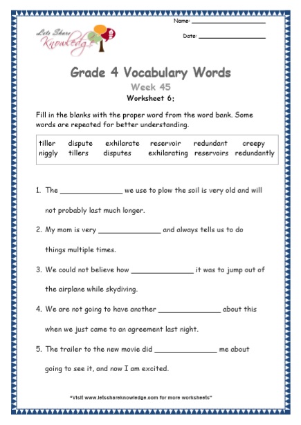 vocabulary worksheet for 4th grade