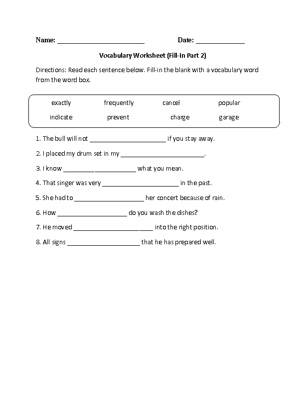 vocabulary worksheet for 4th grade
