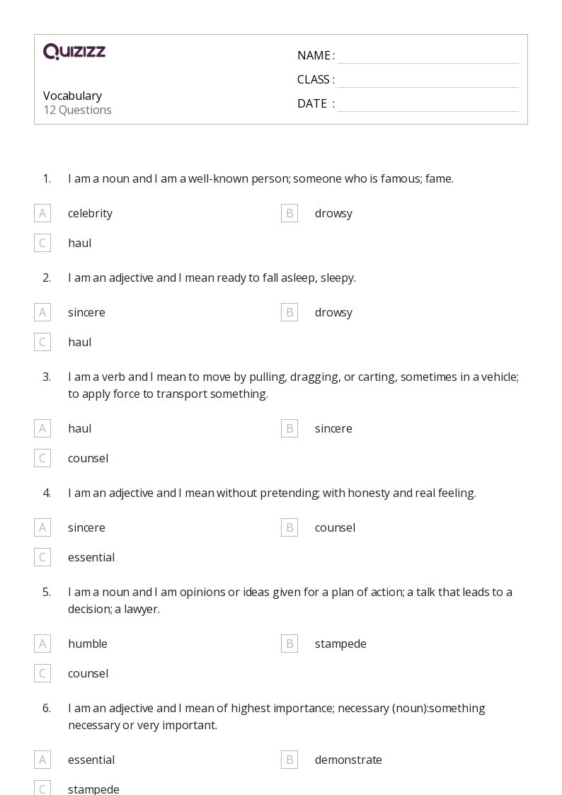 50+ Vocabulary worksheets for 4th Grade on Quizizz | Free &  Printable