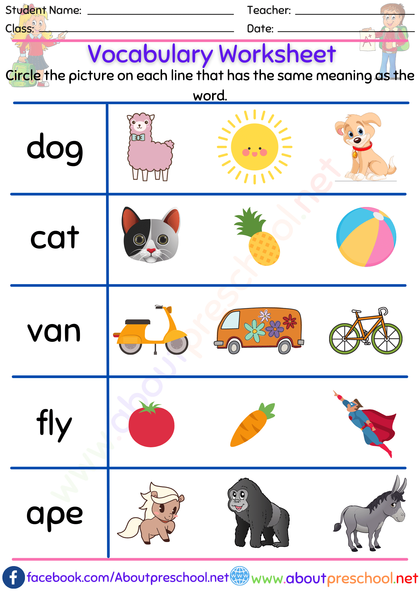 vocabulary worksheet for kindergarten