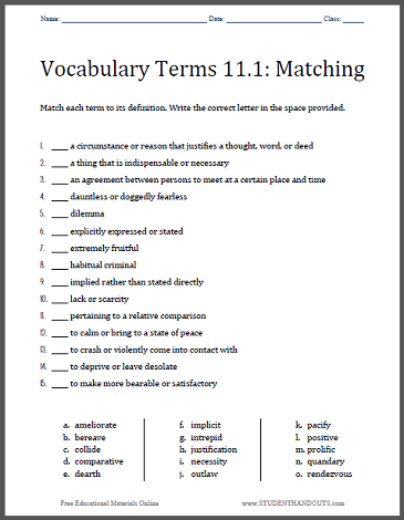 vocabulary worksheet high school