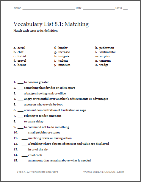 vocabulary worksheet high school