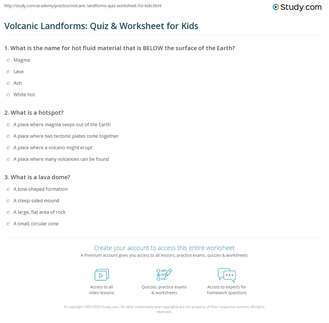 Volcanic Landforms: Quiz &  Worksheet for Kids | Study.com