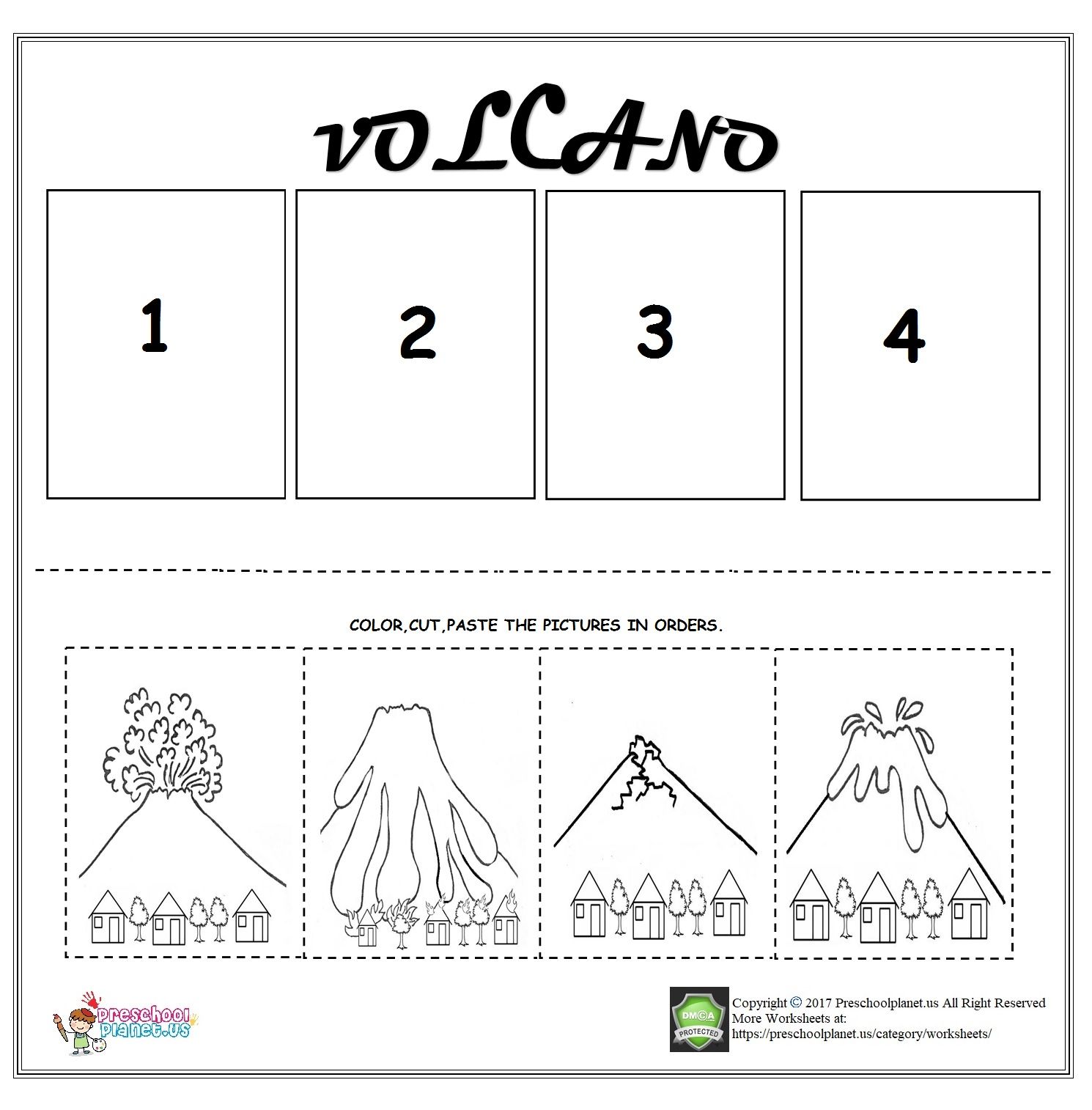 Volcano sequencing worksheet for kids