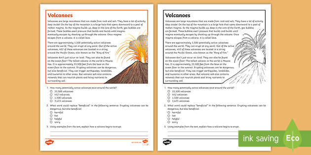 Fifth Grade Volcanoes Reading Passage Comprehension Activity