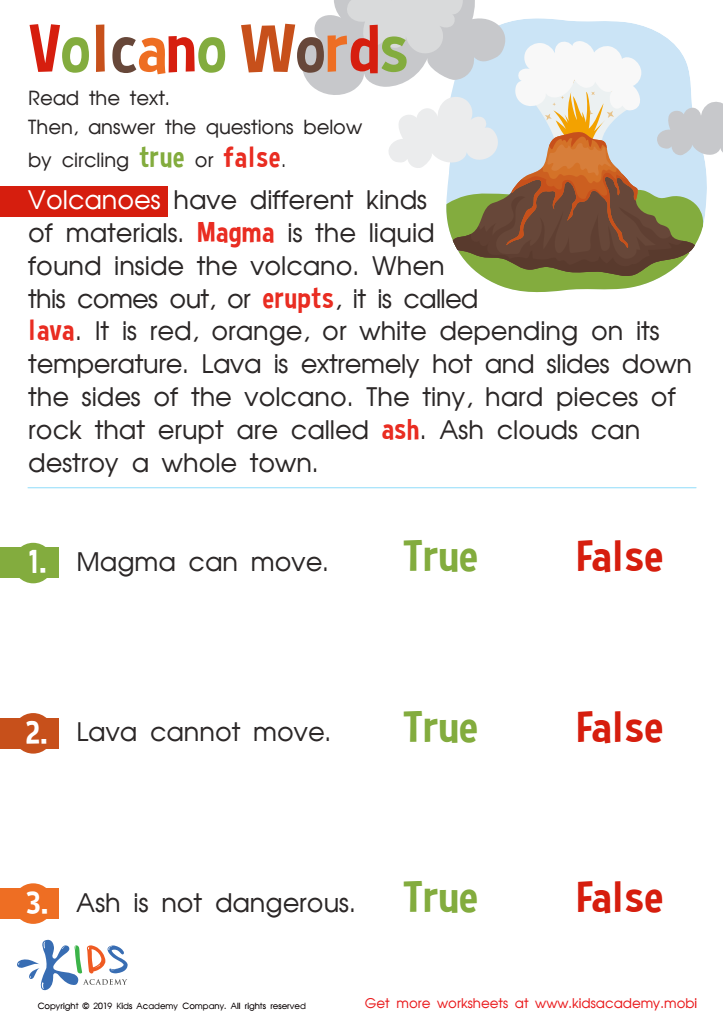 Volcano Words Worksheet for kids