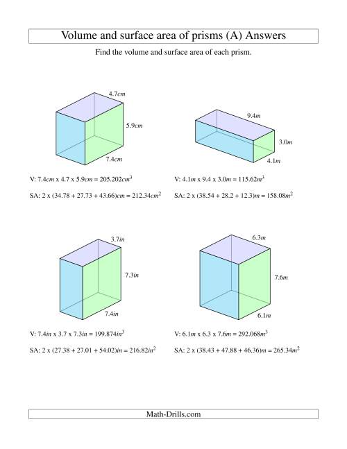 Volume and Surface Area of Rectangular Prisms with Decimal Numbers (A)