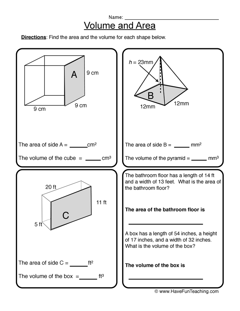 Volume Area Worksheet  