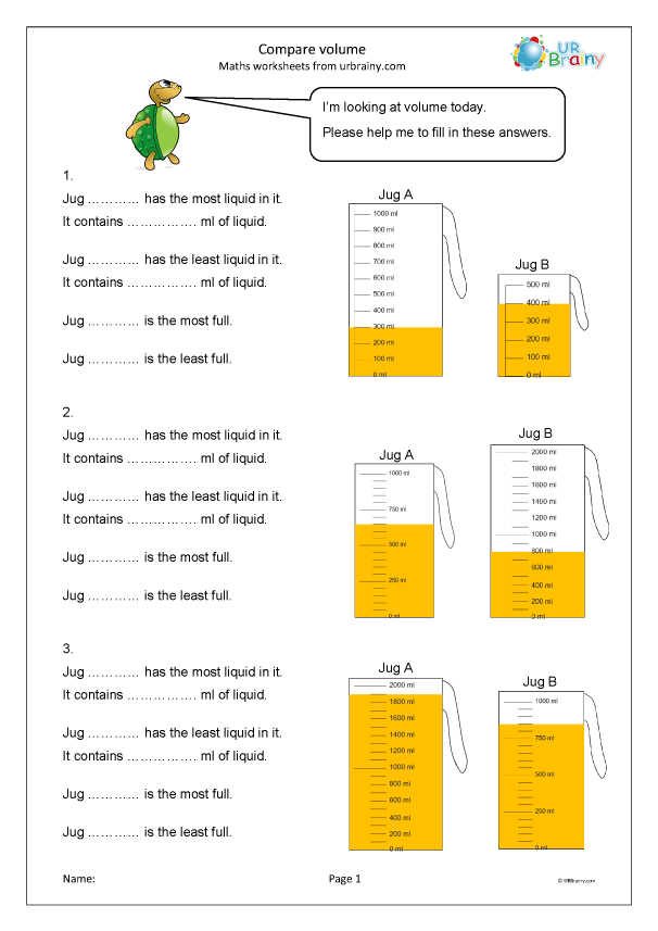 Compare volume - Measuring and Time Worksheets for Year 3 (age 7-8 ...