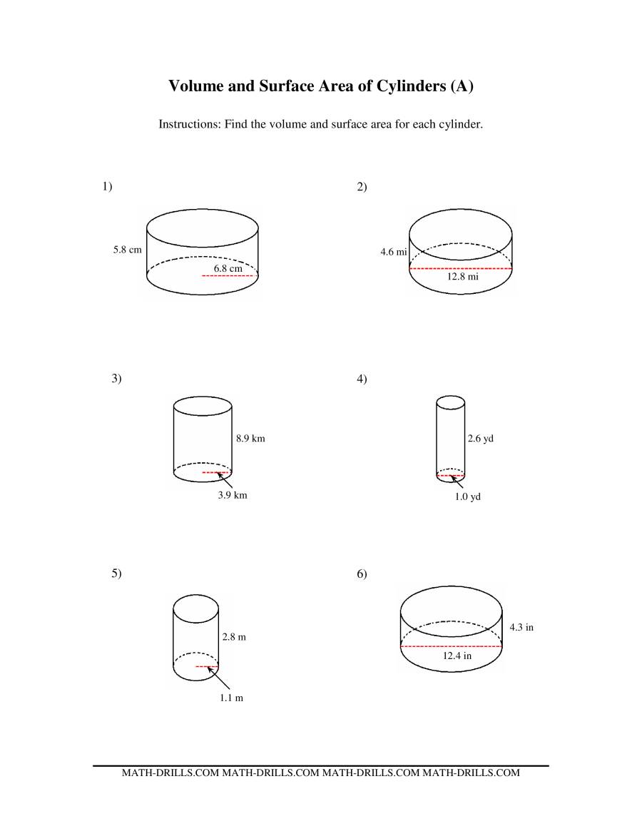 volume and surface area of a cylinder worksheet