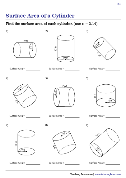 volume and surface area of cylinders worksheet